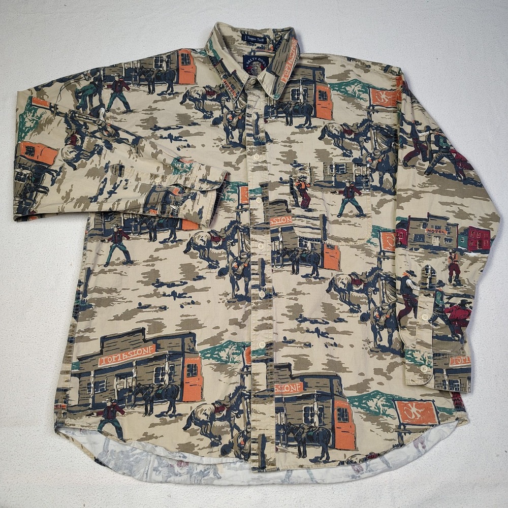 Vintage Salty Dog Gant Shirt Large Tan Trapper Twill Tombstone Western Long Slee